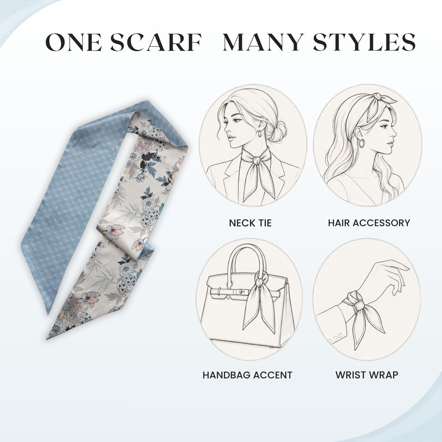 Narrow scarf printed satin silky scarf 148 x 13 cm