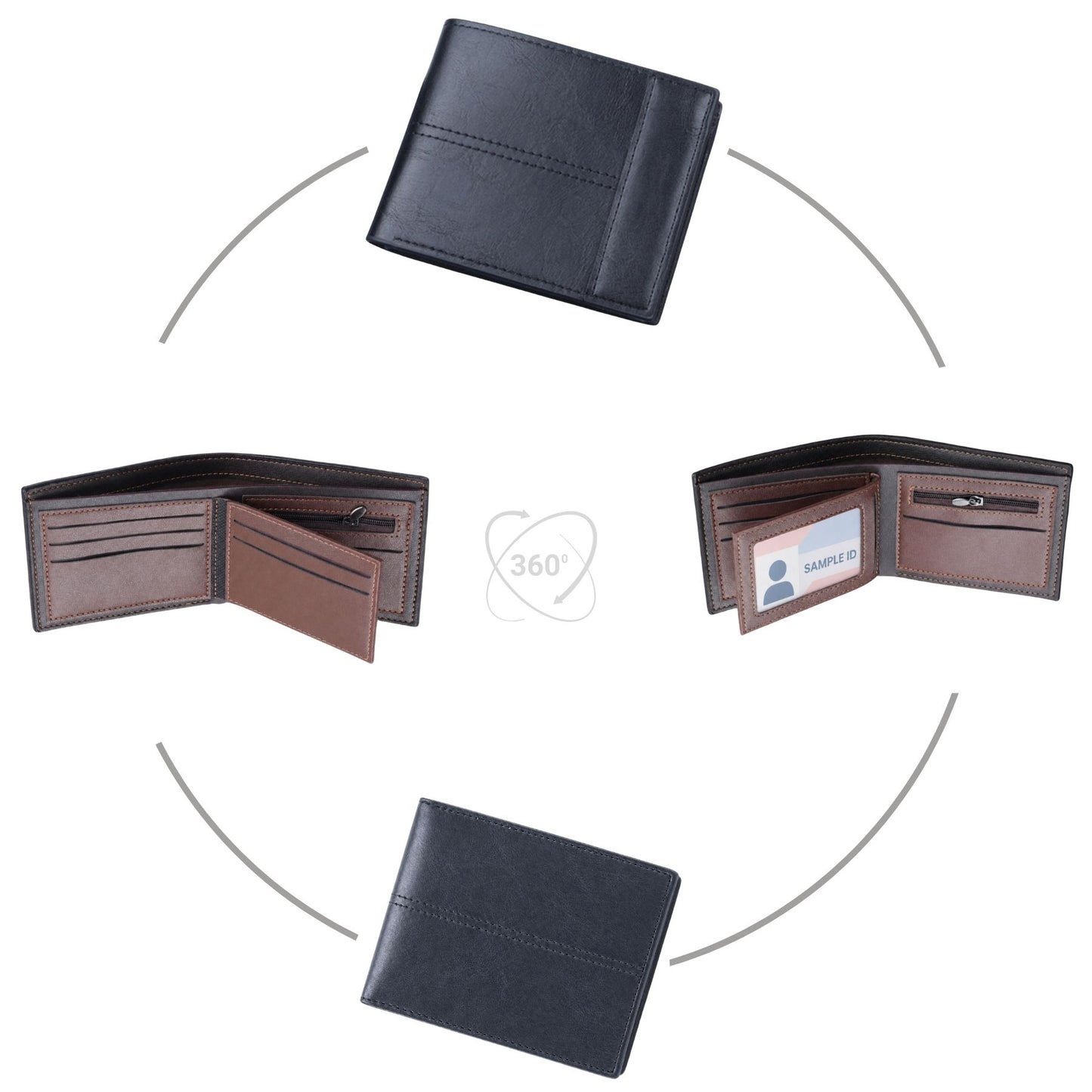Mens Wallet Faux Leather Bifold Wallet with Zipped Coin Pocket & card slots