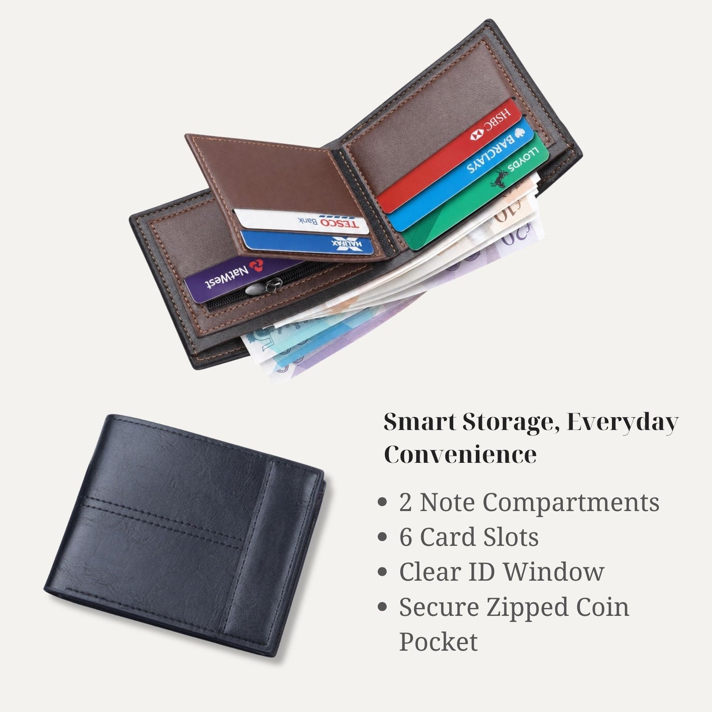 Mens Wallet Faux Leather Bifold Wallet with Zipped Coin Pocket & card slots
