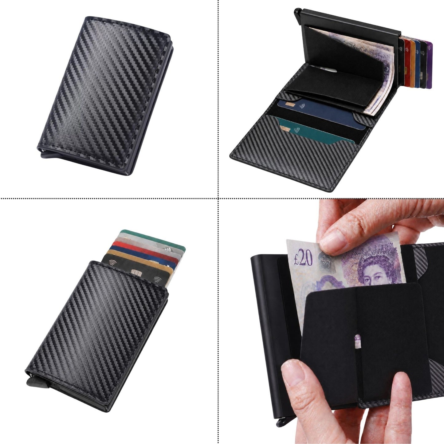 Mens Pop Up Wallet RFID Blocking Carbon Fibre Slim Card Holder