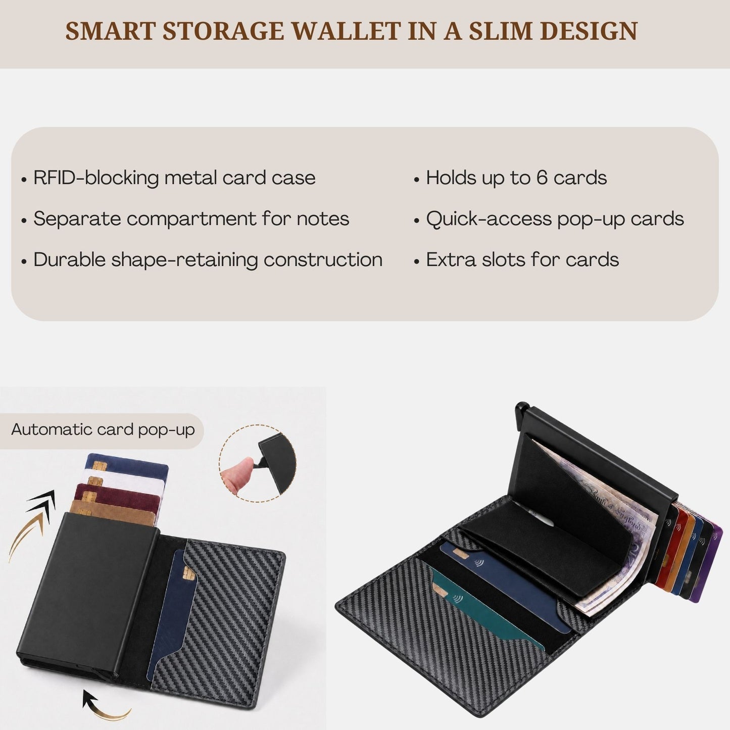 Mens Pop Up Wallet RFID Blocking Carbon Fibre Slim Card Holder